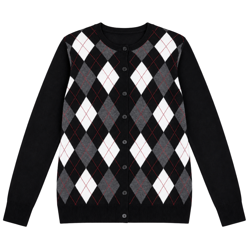 Croft & Barrow Argyle Cardigan Sweater Black White Gray Size Large 1
