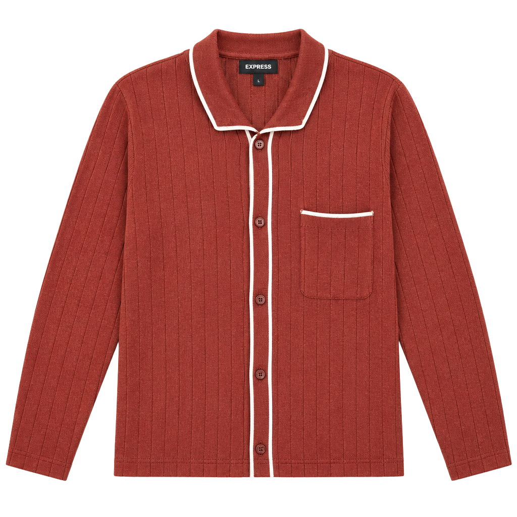 Express Men’s Ribbed Knit Cardigan Rusted Orange Long Sleeves Size L 1