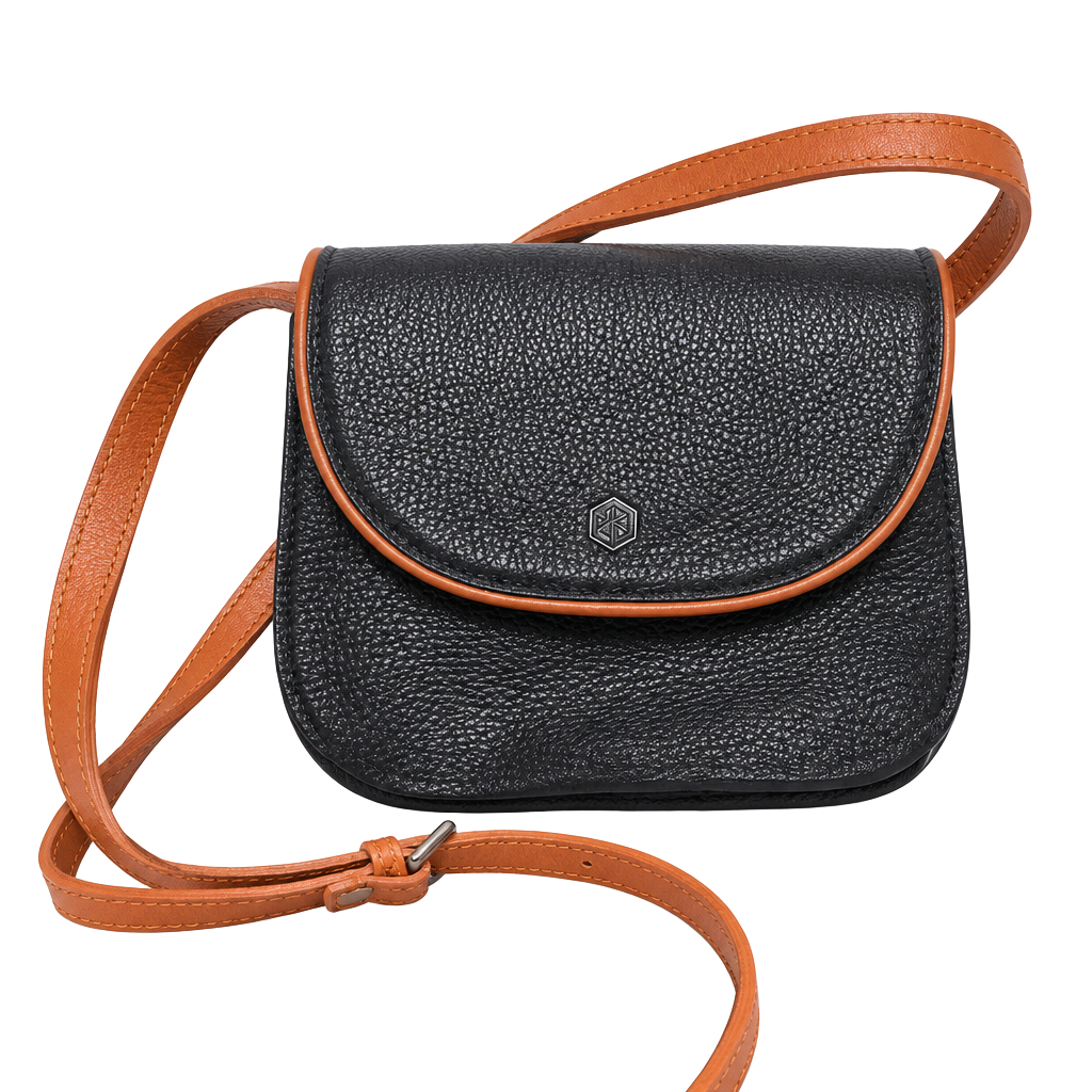 Valentina Black Pebbled Leather Crossbody Bag with Tan Trim 1