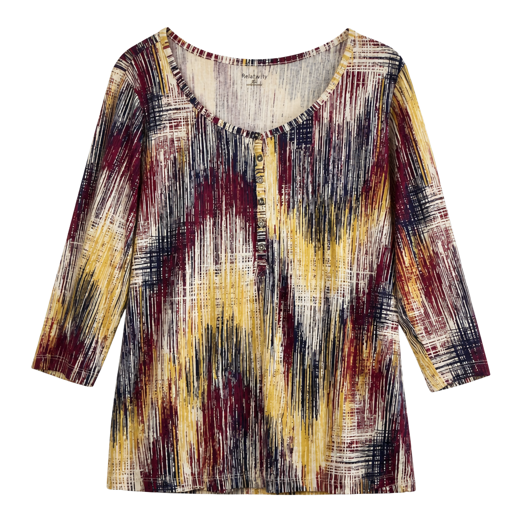 Relativity Womens Top M Henley Shirt 3/4 Sleeve Geometric Cotton Casual 1