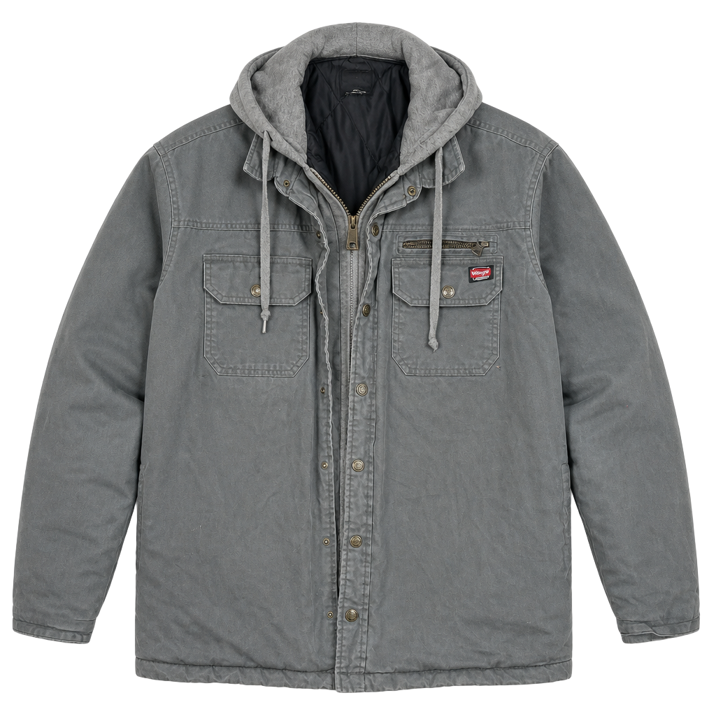 Wrangler Workwear Hooded Shirt Jacket Size L (42-44) Gray Canvas Quilted 1
