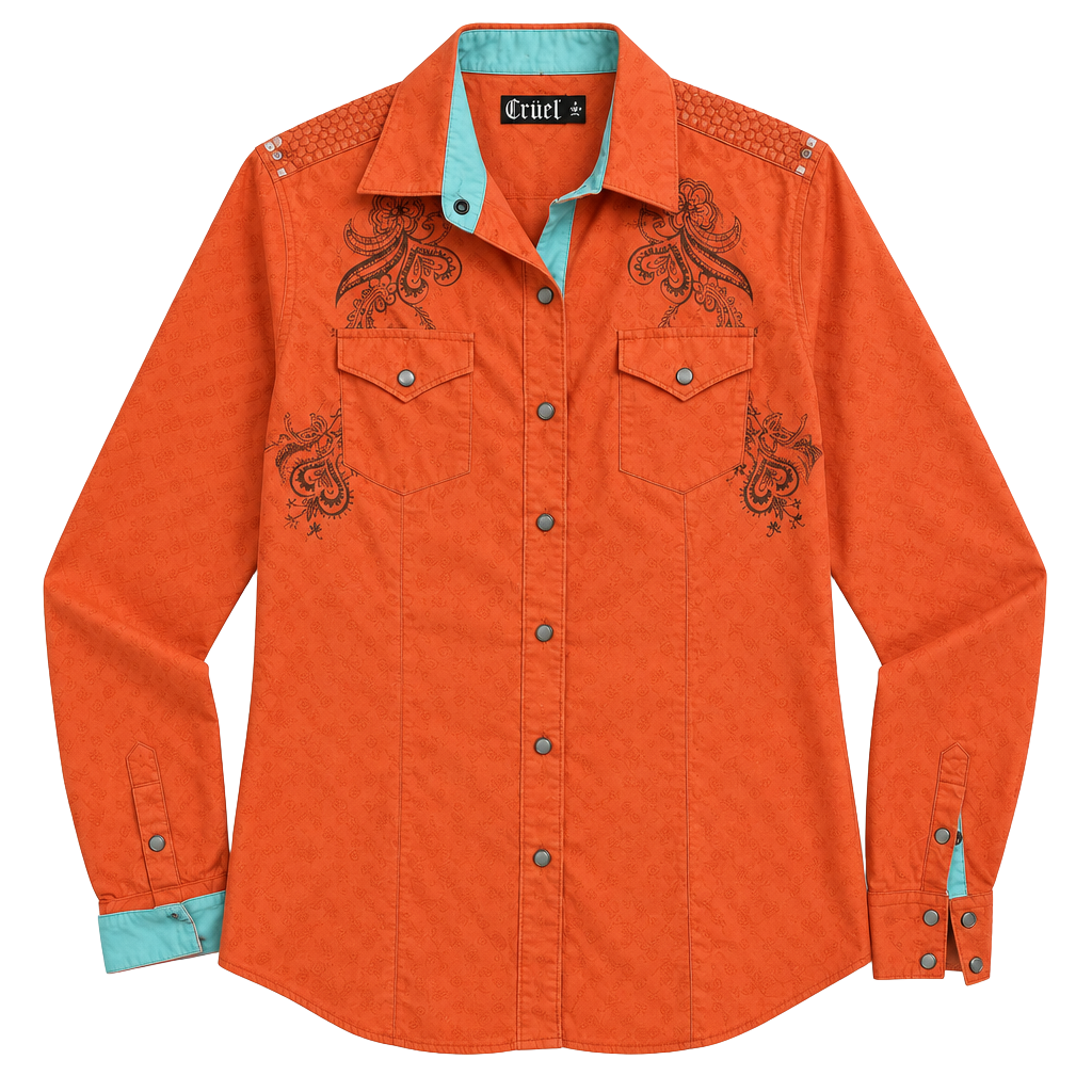 Cruel sequin pearl snap Western Shirt Size L Orange Floral Print 1