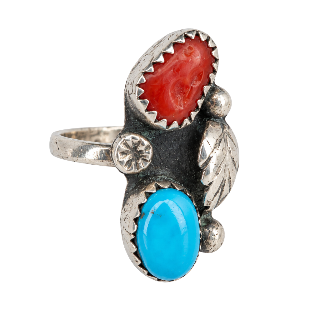 Vintage Sterling Silver Native American Navajo Turquoise And Coral Ring 1