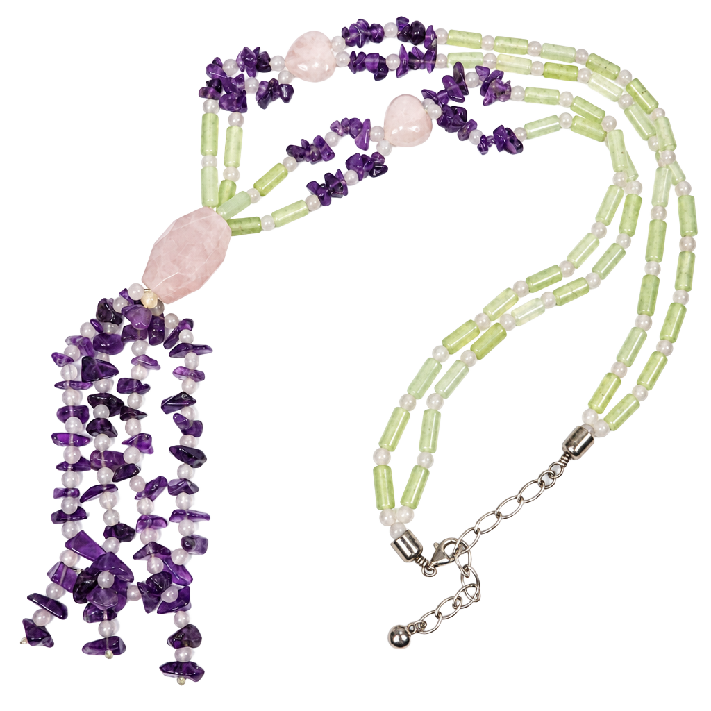Jay King Desert Rose Trading Rose Quartz, Jadite, Amethyst Tassel Necklace 1
