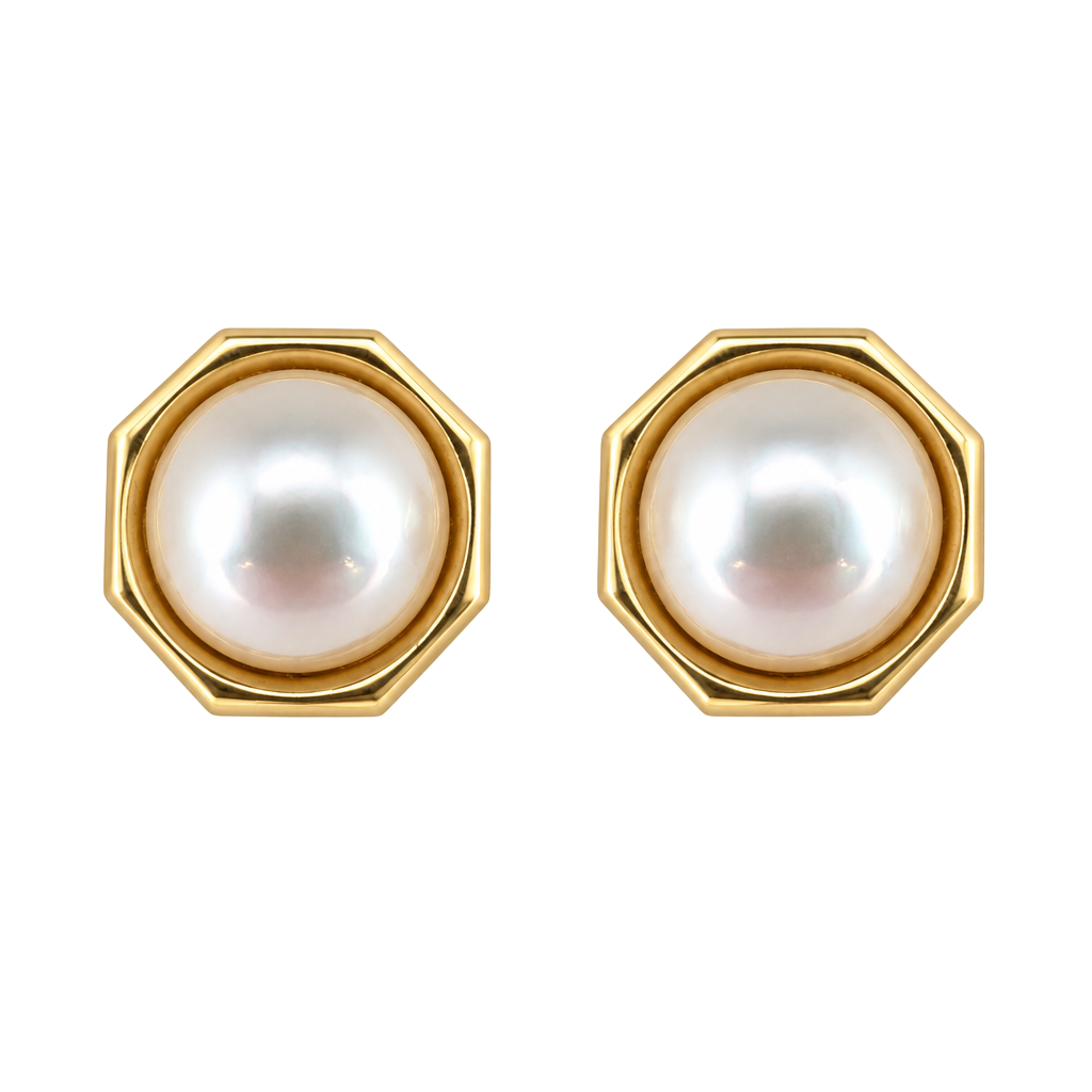 vintage 14k gold Octagon Bezel Set White Round Pearl Stud Earrings 1