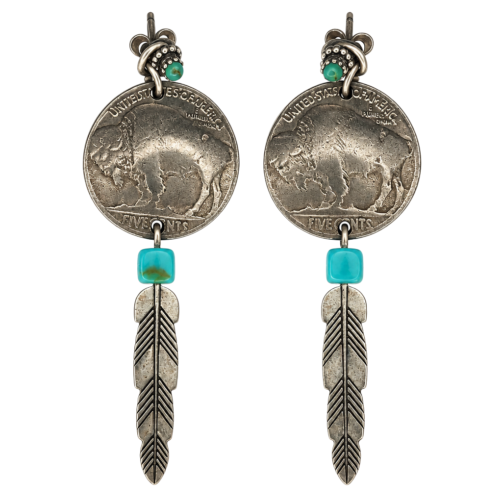 Vintage Sterling Silver Feather, Turquoise, Buffalo Nickel Earrings 1