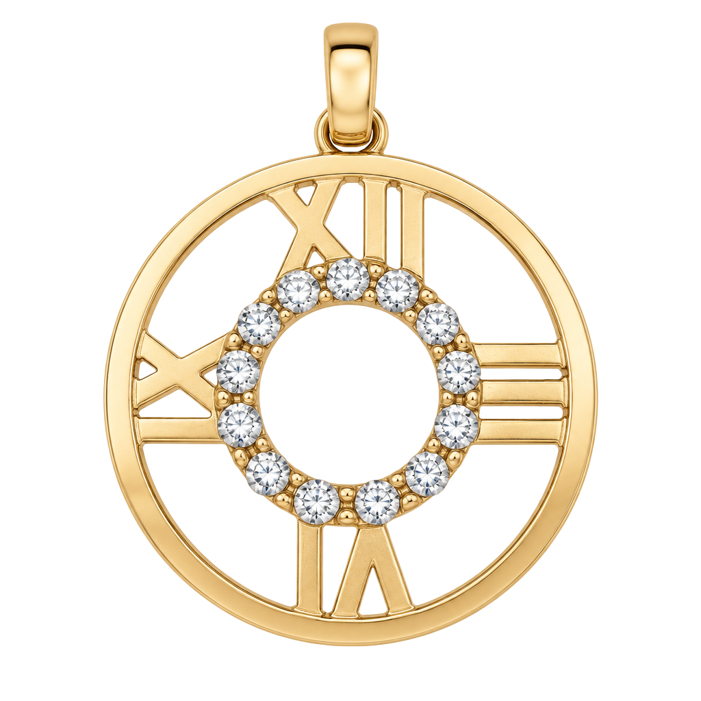 14k Yellow Gold Roman Numeral Clock Pendant 1