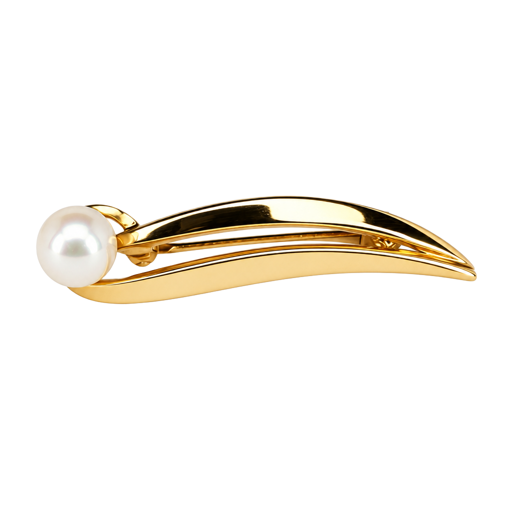14k Yellow Gold Signed Brooch Pin w/ 1 Round White Pearl Gemstone 1