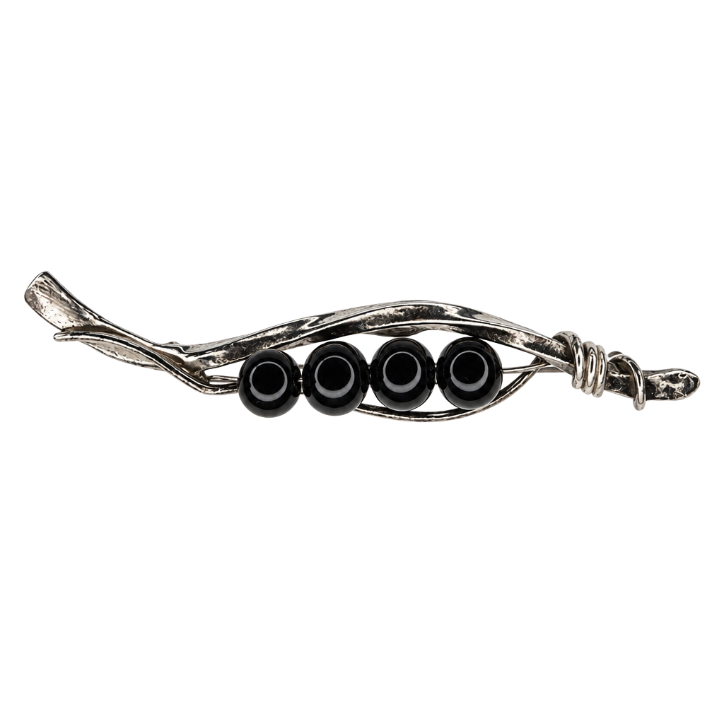 Vintage Sterling Silver Onyx Bead Brooch Pin 1
