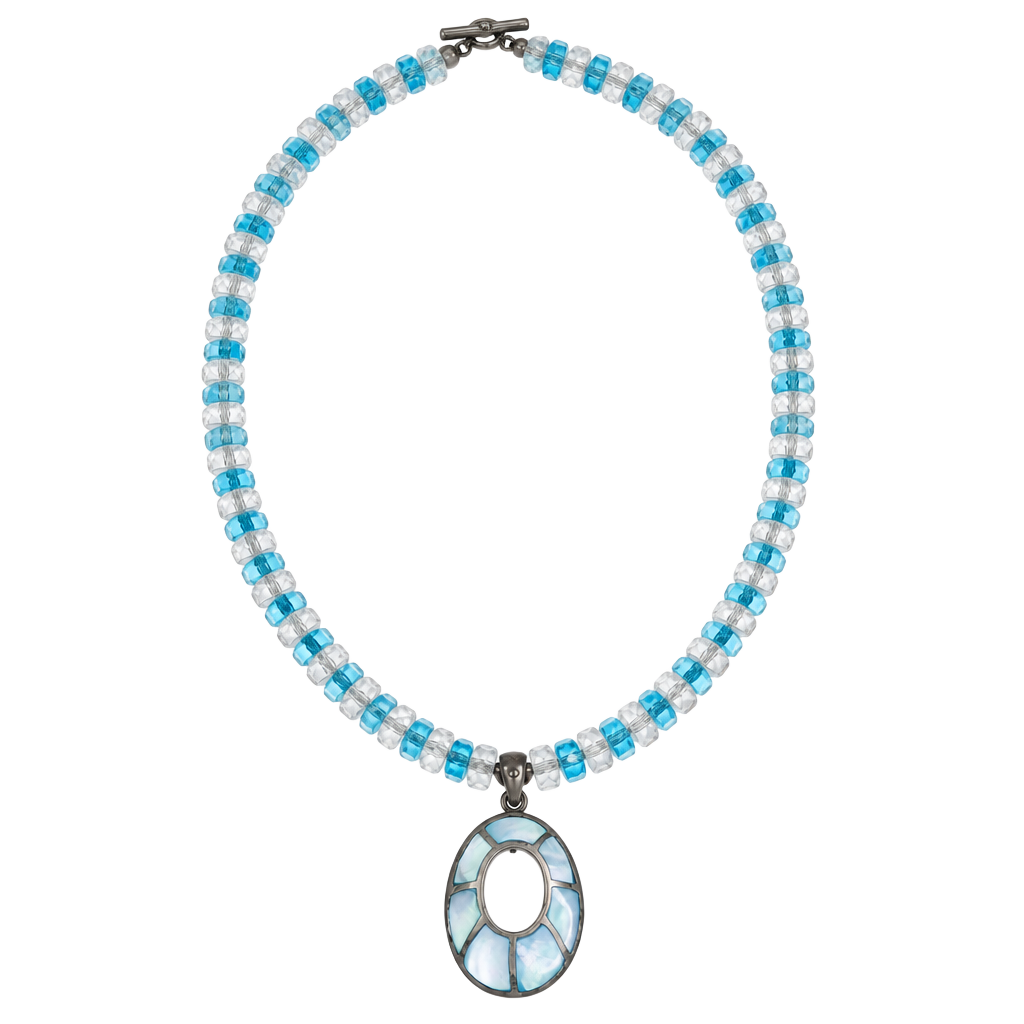Sterling Silver Blue Mother Of Pearl Inlay Pendant On Blue and White Necklace 1