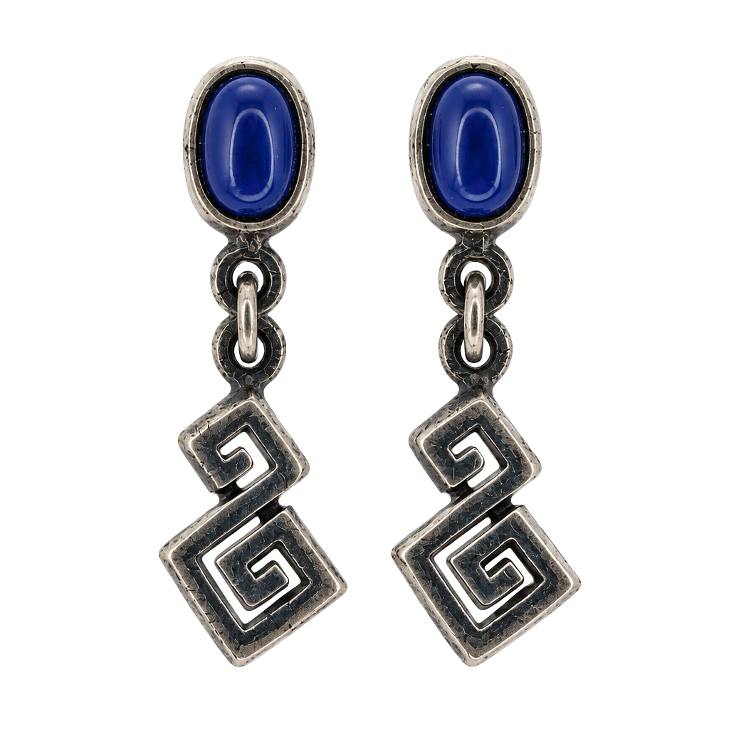 Sterling Silver 925 Greek Key Lapis Lazui Stud Earrings 1