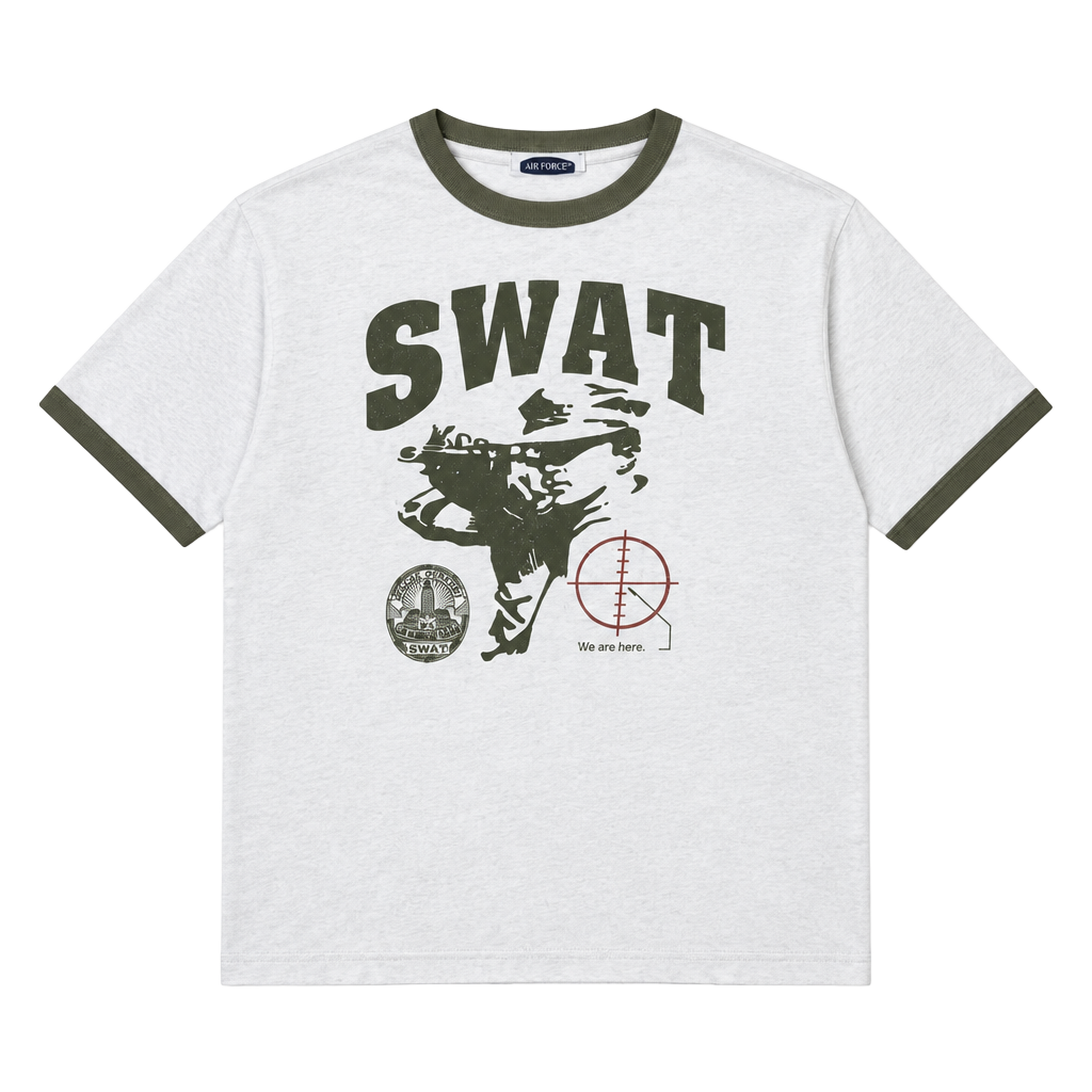 SWAT Graphic Ringer T-Shirt Size L White Green 1