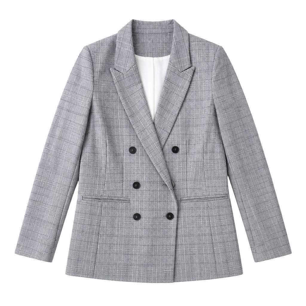 H&M Womens gray tan plaid double breasted blazer fall winter jacket buttons pockets size 6 small 1
