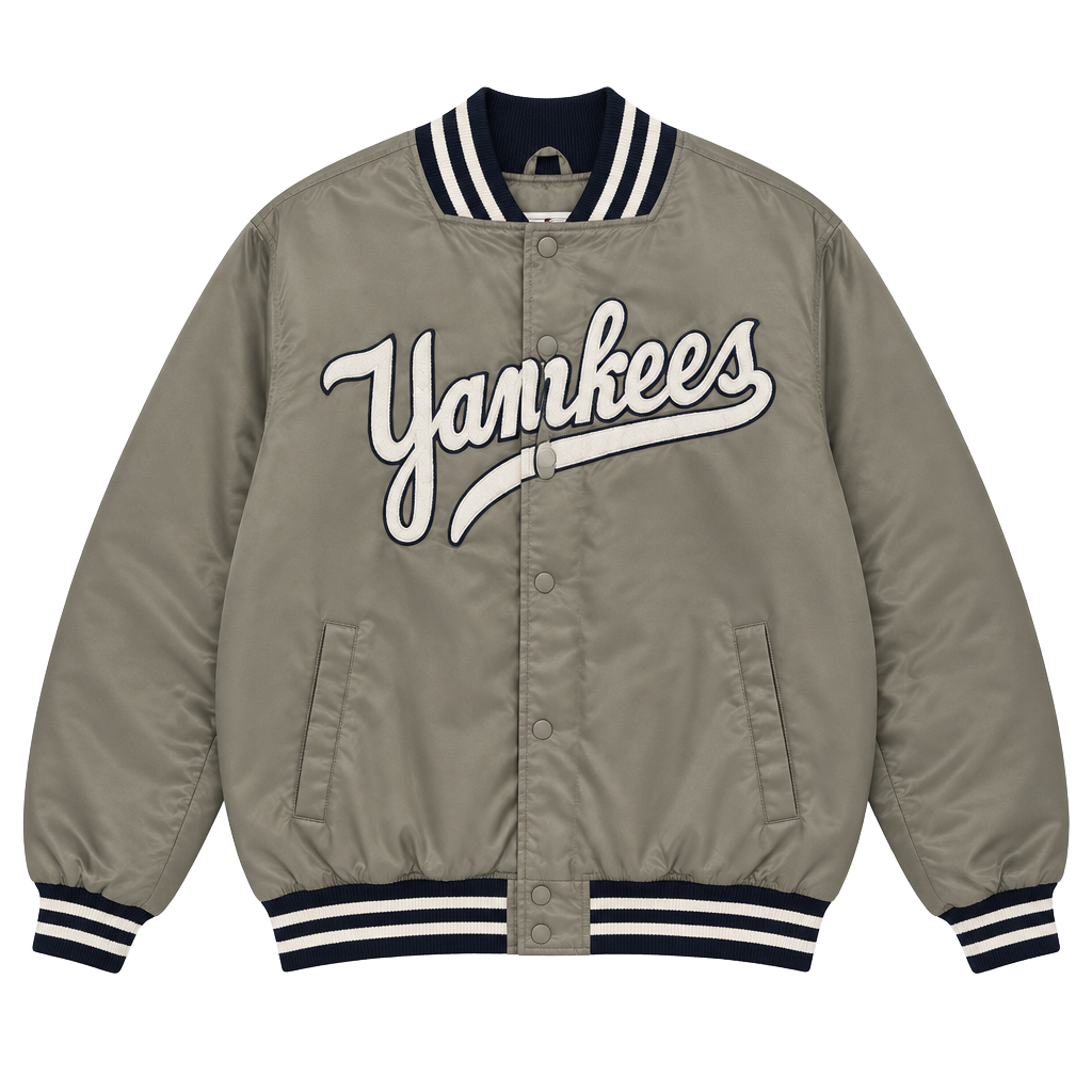 Majestic New York Yankees Satin Bomber Jacket Size XXL Gray Varsity Jacket 1