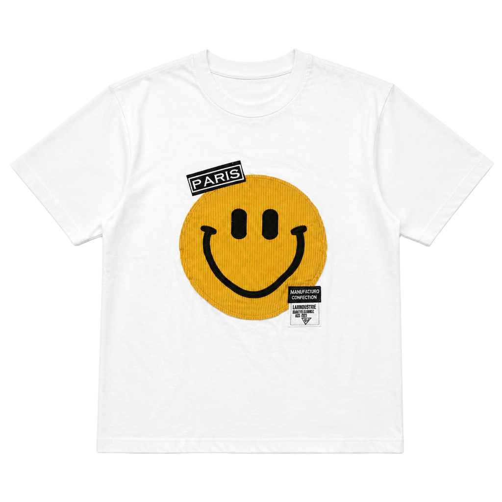 3158 Classic White Graphic T-Shirt with Paris Smiley Face Patch 1