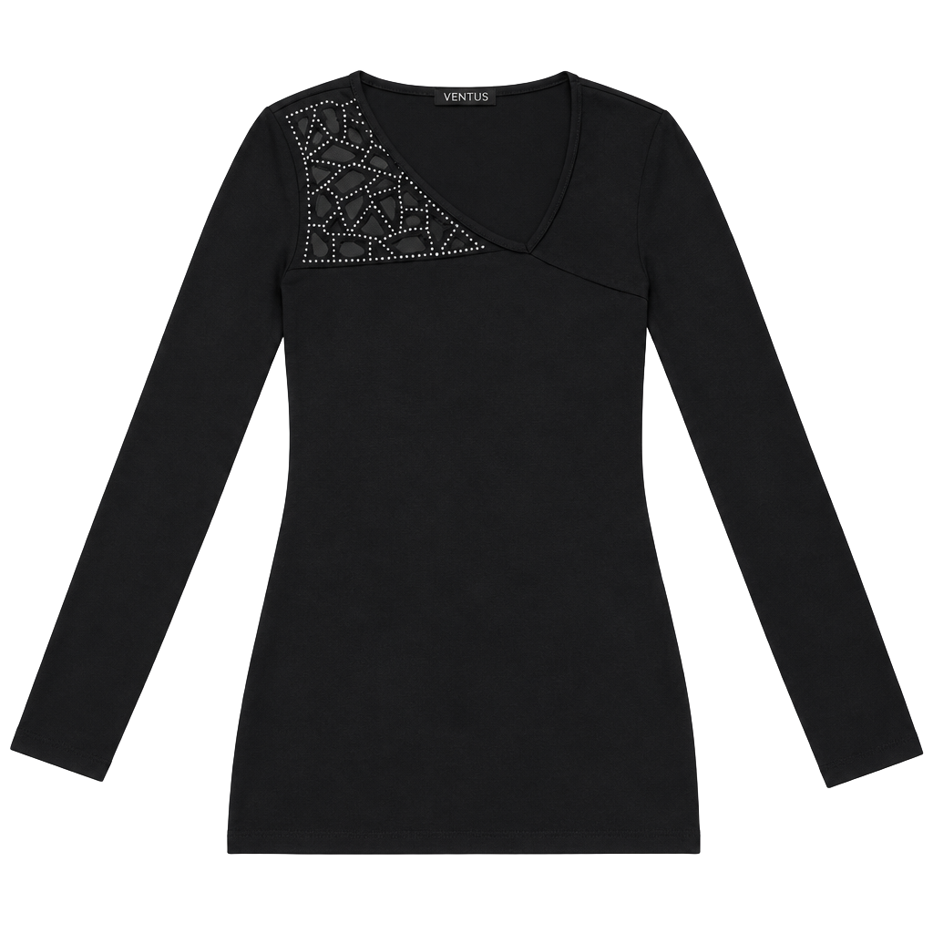 Venus Long Sleeve Top Size XS Black Rhinestone Cutout Shoulder 1