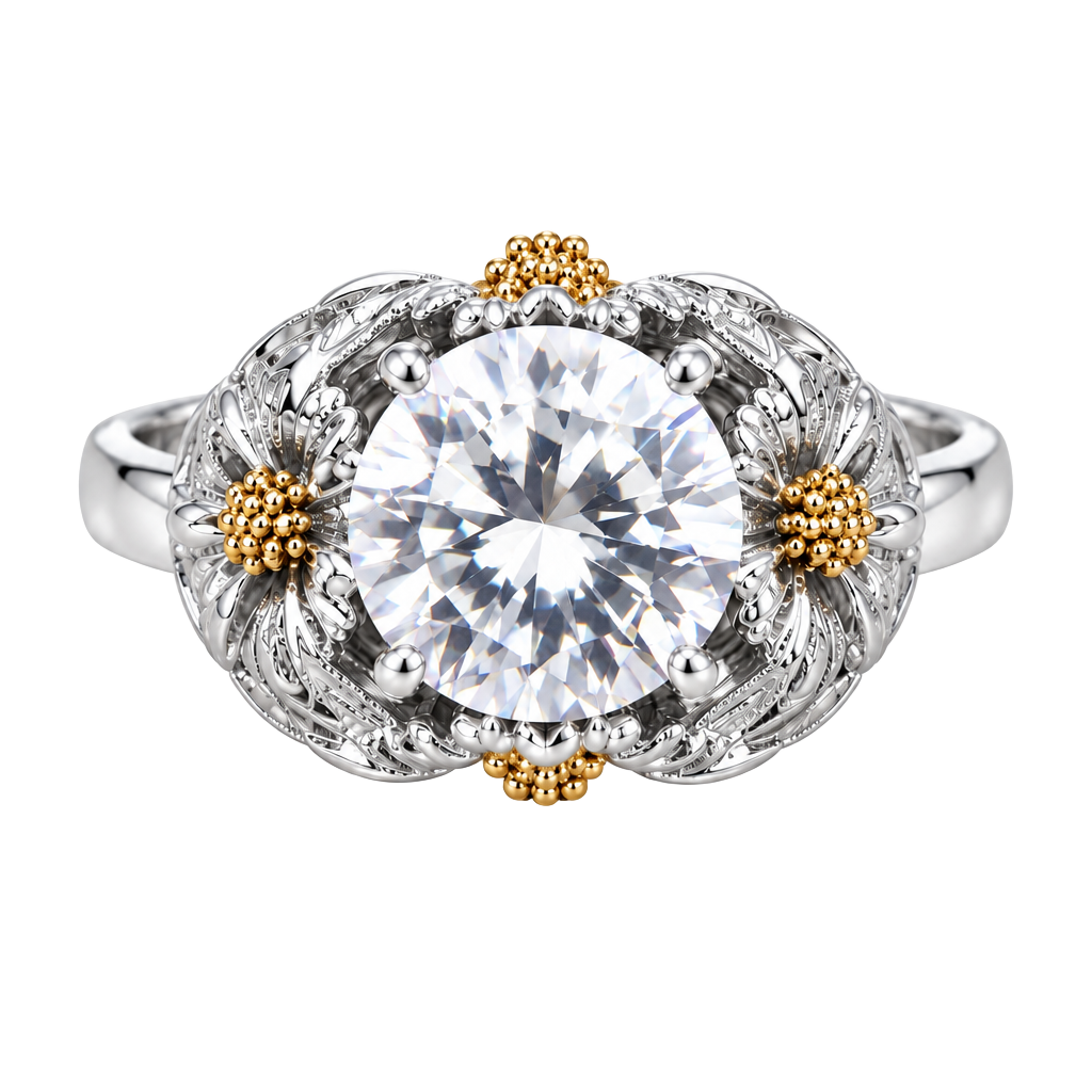 Sunflower Ring Size 6 Silver 925 Two-Tone Floral Solitaire 1