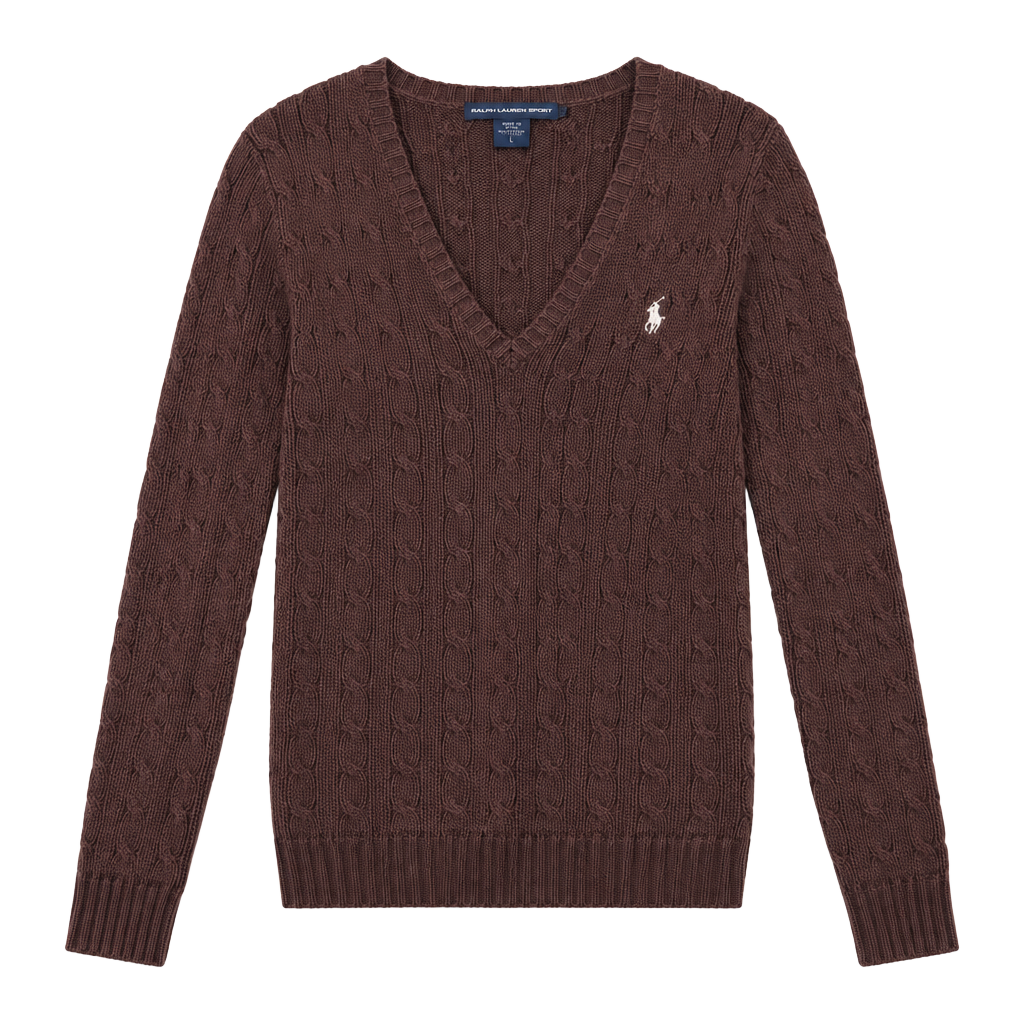 Ralph Lauren Sport Cable Knit V-Neck Sweater Size L Brown 1