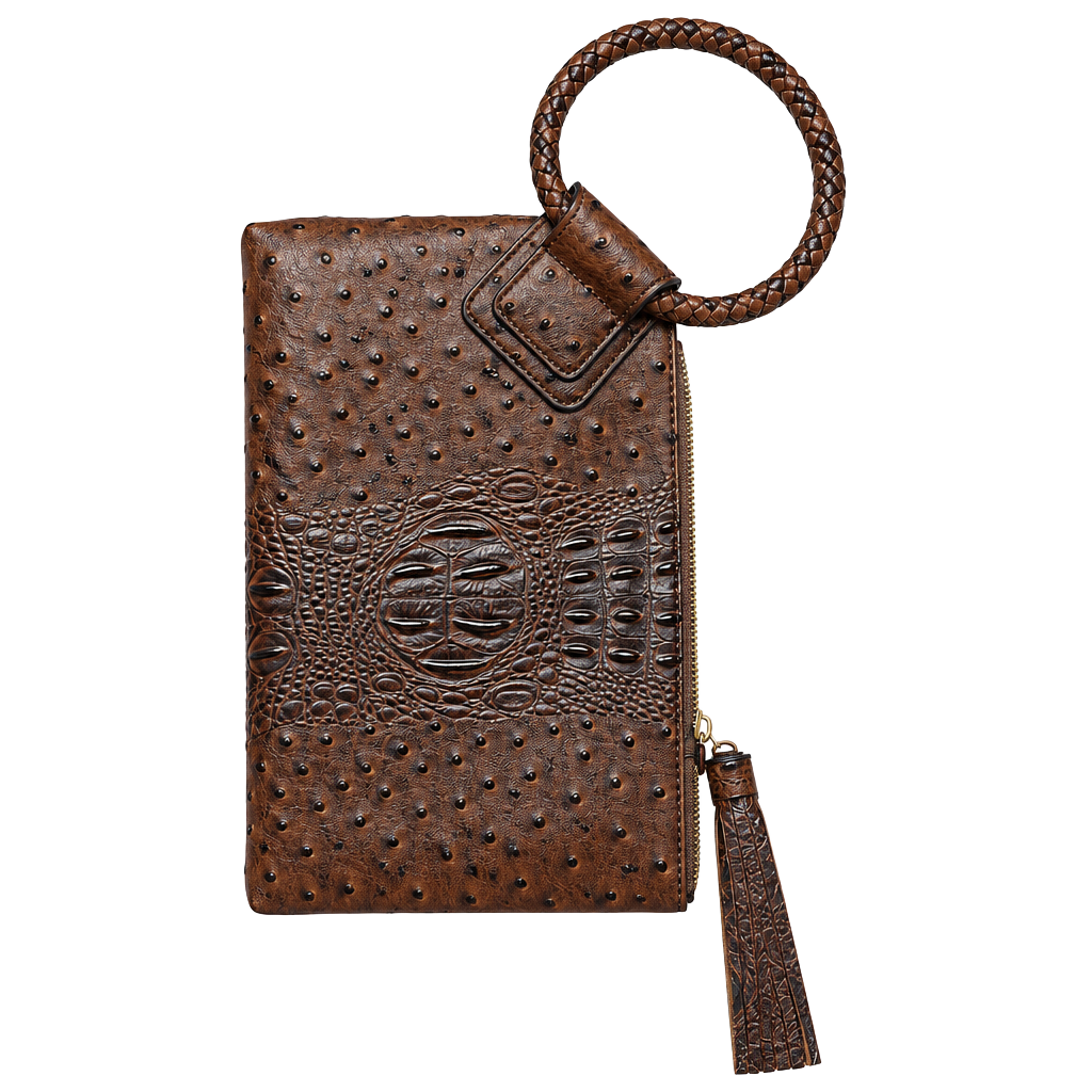 Virago Collection Brown Ostrich And Croc Embossed Vegan Wristlet Clutch 1