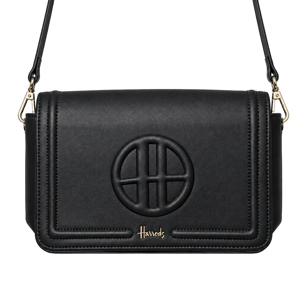 Harrods Black Crossbody Bag Gold Hardware Logo Flap Closure 1