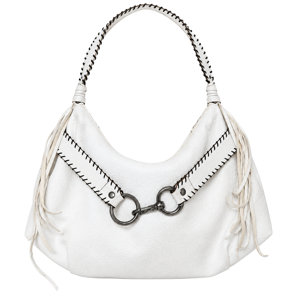Nine West White Faux Leather Hobo Shoulder Bag With Contrast Stitching Rings 1