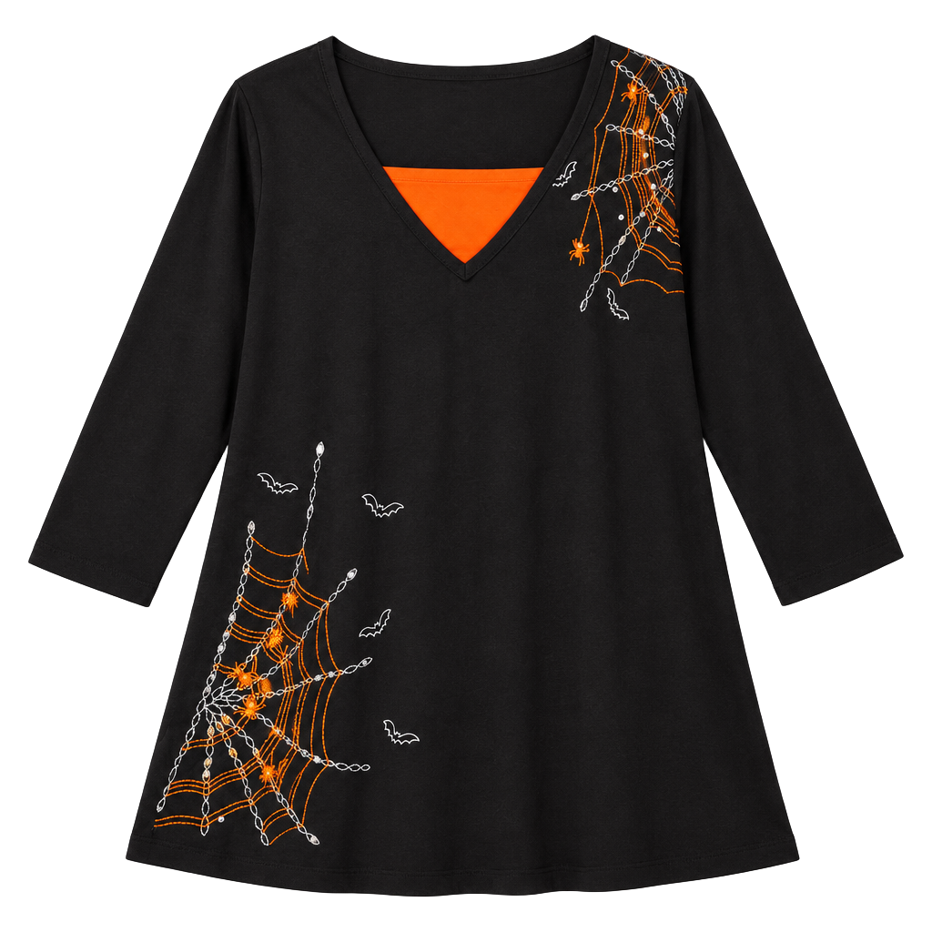 Halloween Spider Web Embroidered Tunic Top 3X Black Orange Clear Rhinestones Vtg 1