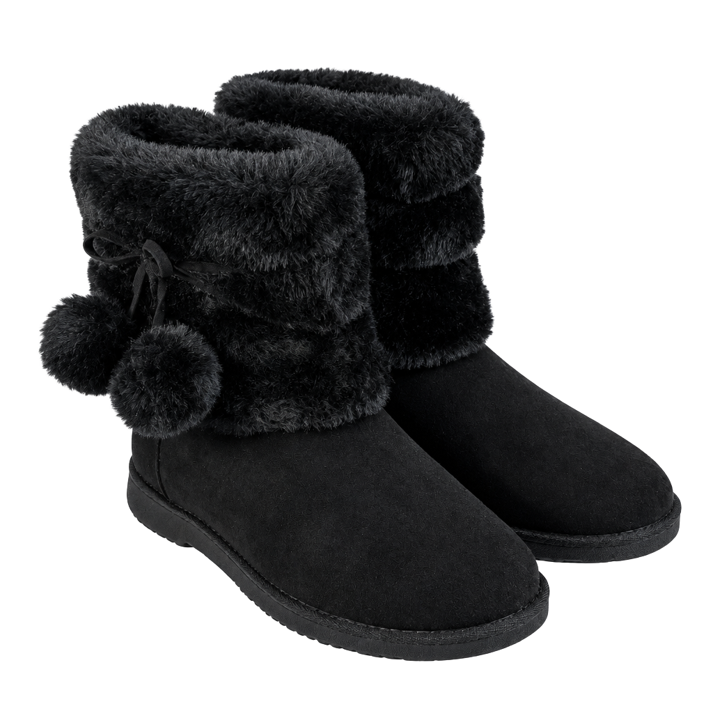 Makalu Fur Pom Pom Boots Size 8.5 Black Faux Suede Winter 1