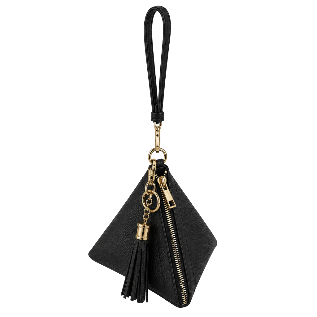 Unbranded Black Faux Leather Triangle Wristlet Pouch with Tassel 1