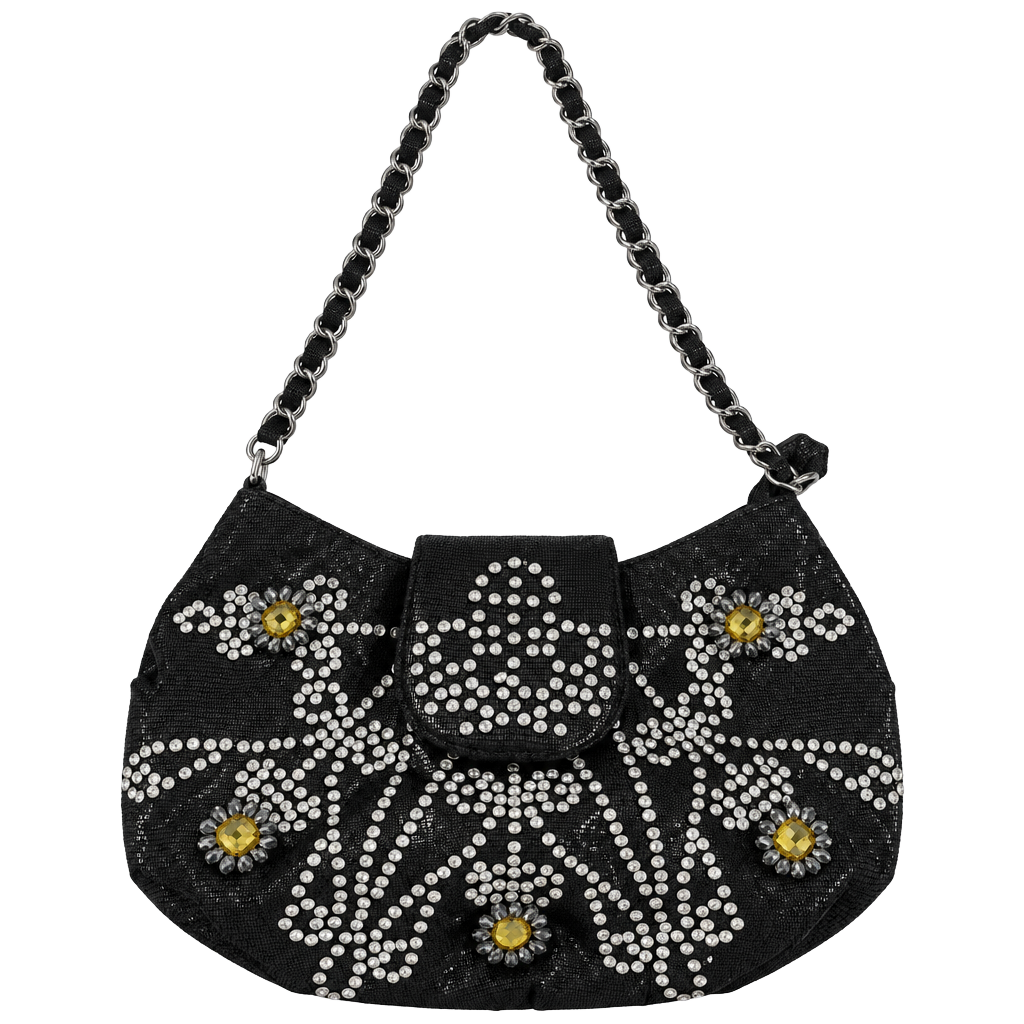 Rhinestone Embellished Black Metallic Shoulder Bag with Chain Strap 1
