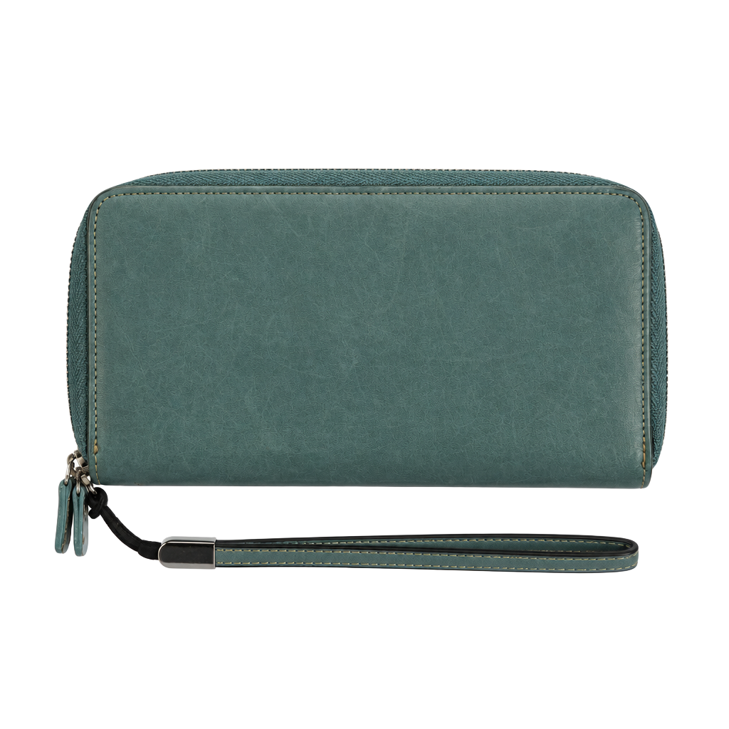 Leather Zip Around Wallet Wristlet Blue Green 1