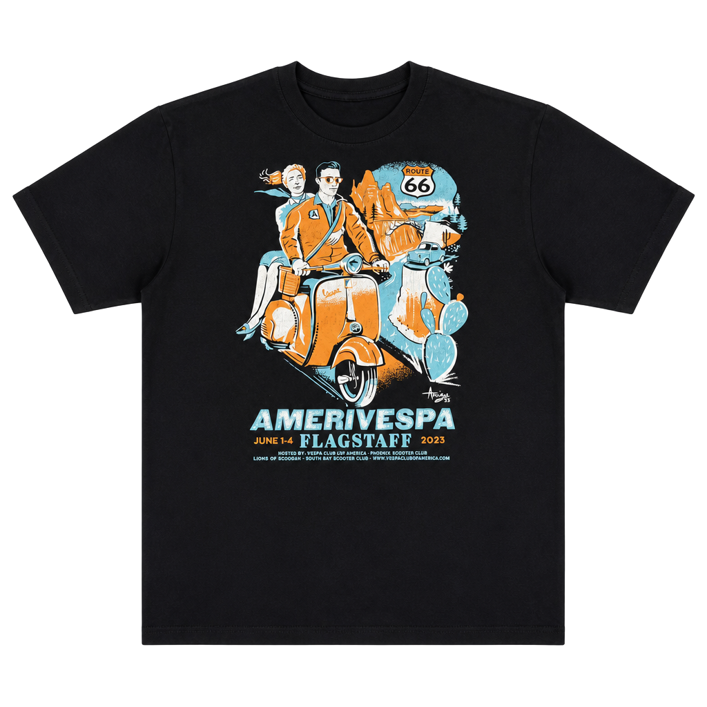 Vintage Amerivespa 2005 Flagstaff Arizona Route 66 T-Shirt, Black Cotton, Y2K 1