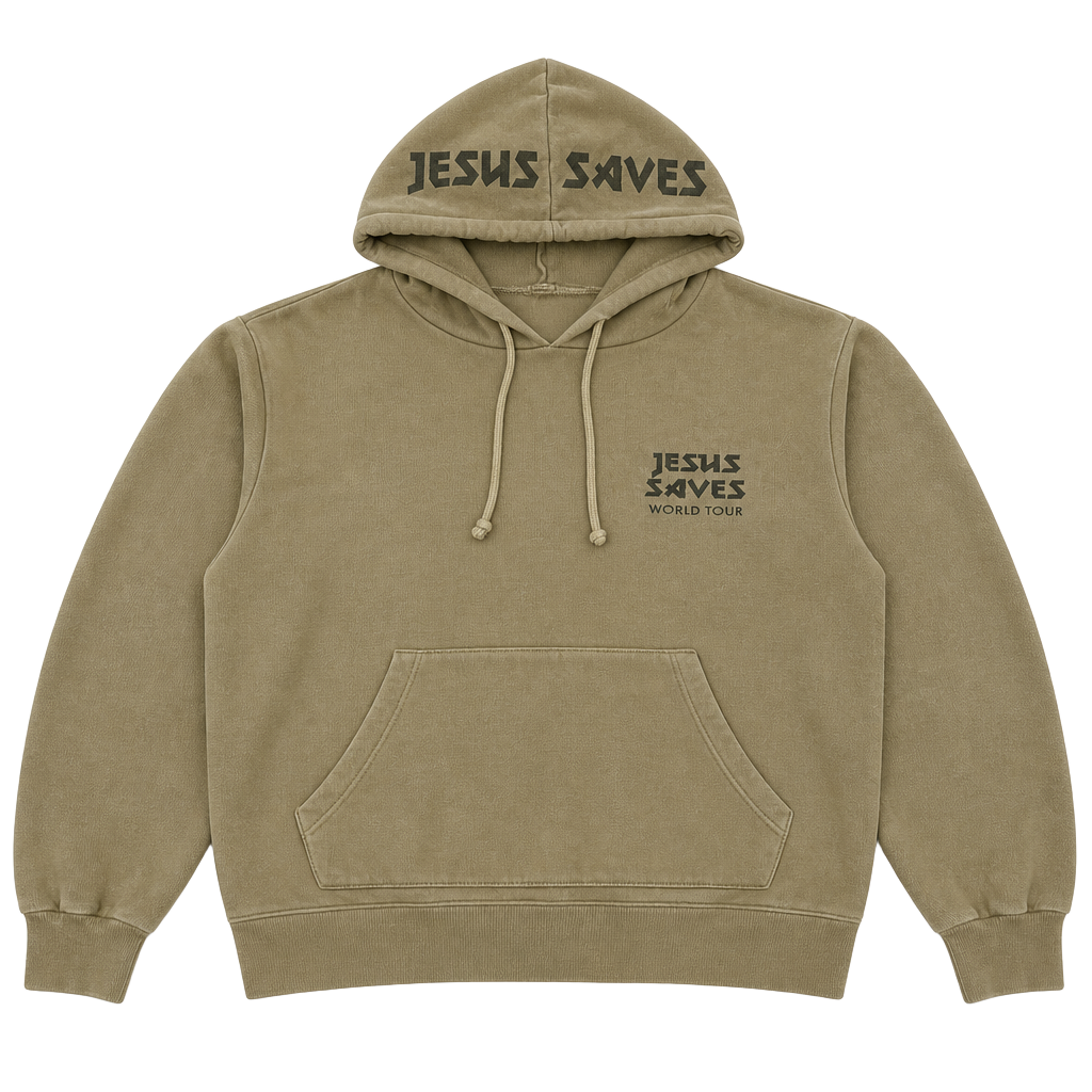 Jesus Saves World Tour Khaki Hoodie, M — Rock Style Christian Streetwear 1