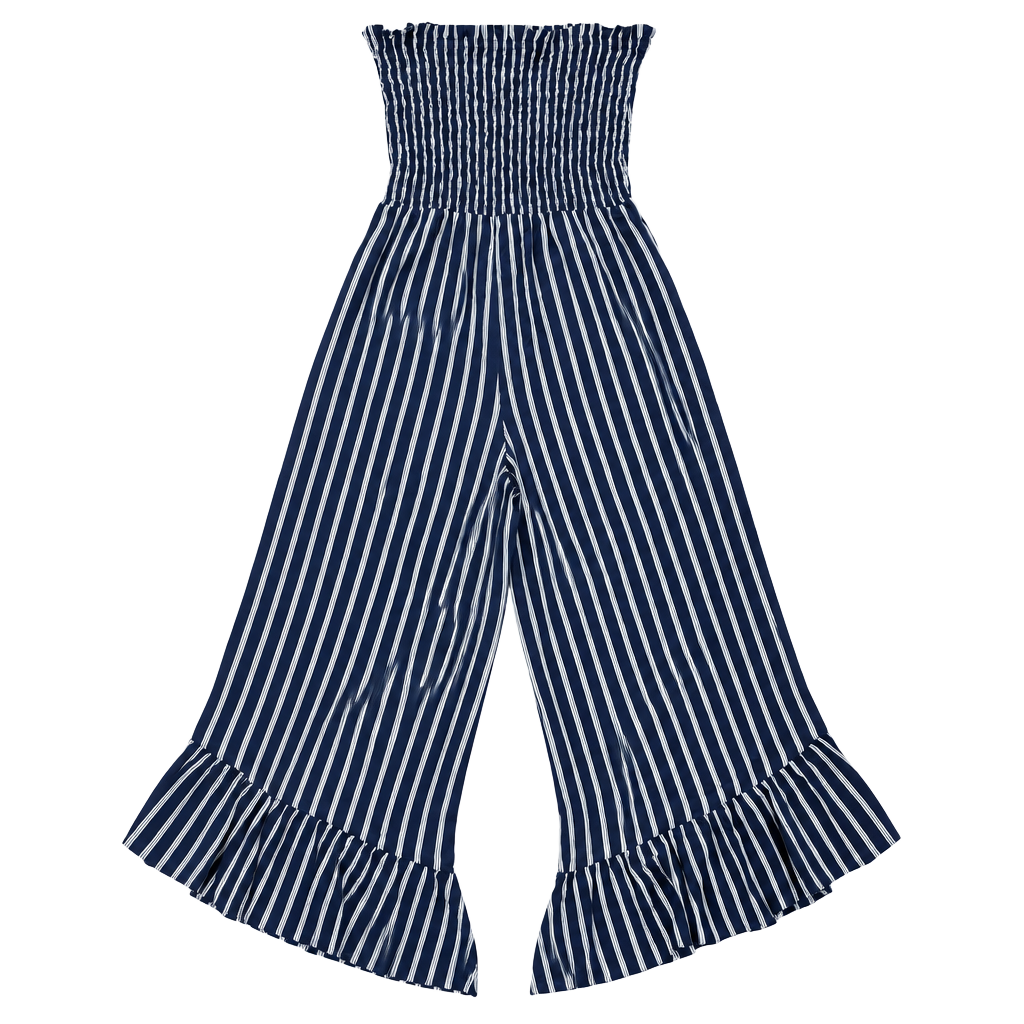 Angie Smocked Jumpsuit Size S Black White Striped Ruffle Hem 1