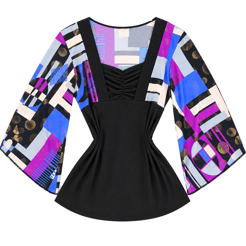 Vintage Geometric Print Top Blouse Black Purple Bell Sleeve M 1