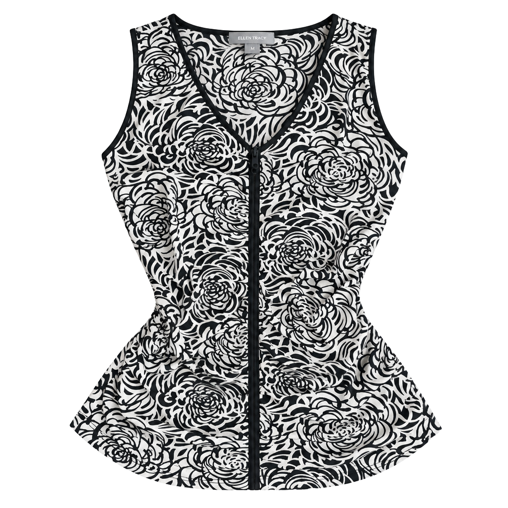 Ellen Tracy Tank Top Size M Black White Floral Silk V-Neck Ruched 1