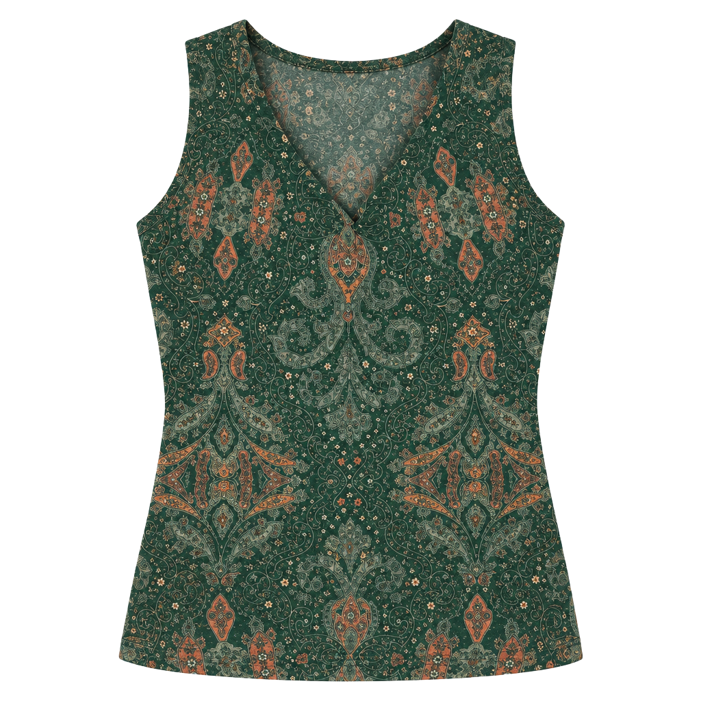 Vintage Y2K Early 2000s Green Paisley V-Neck Sleeveless Top 1