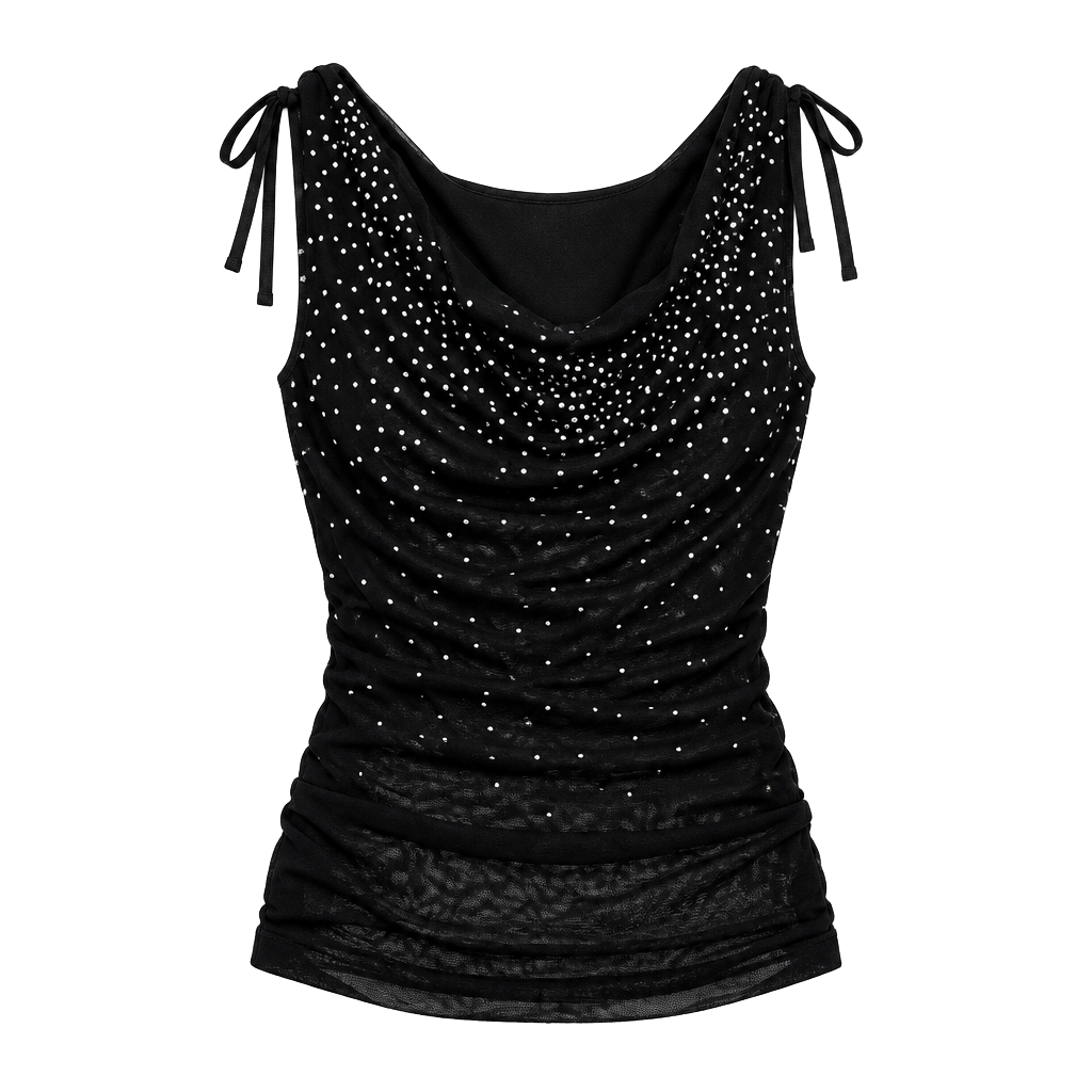 Vintage Y2K Black Rhinestone Mesh Cowl Neck Tie Shoulder Top 1