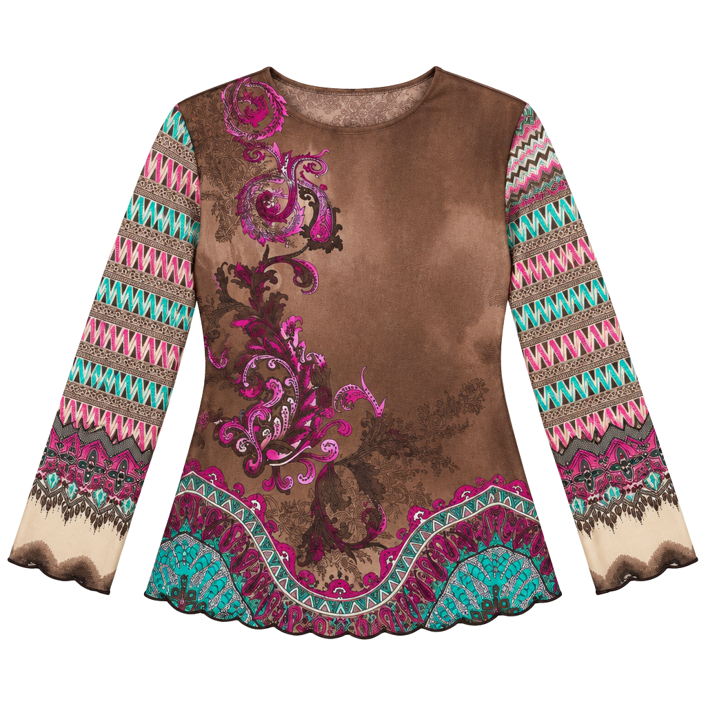 Anne Klein Blouse Size PS Brown Paisley Boho Geometric Long Sleeve Top 1