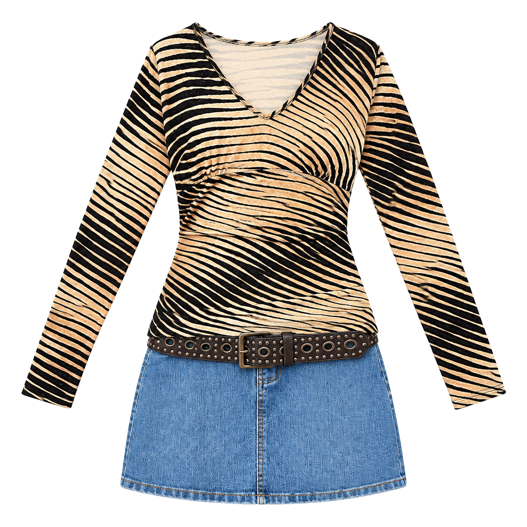 Forever 21 Y2K Striped Wrap Top Brown Black Shimmer Long Sleeve Ethereal Whimsy Boho 1