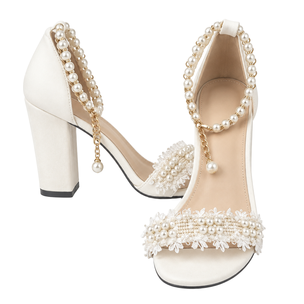 Pearl Ankle Strap Heels Size 35 White Block Heel Pearl Sandals 1