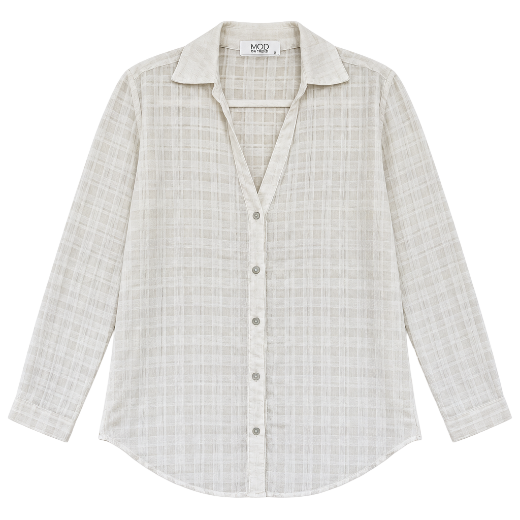 Mod On Trend Button Down Shirt Size S White Sheer Checkered Blouse 1
