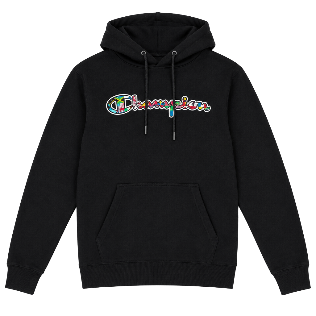 Champion Global Flags Hoodie Size S Black Embroidered Logo 1