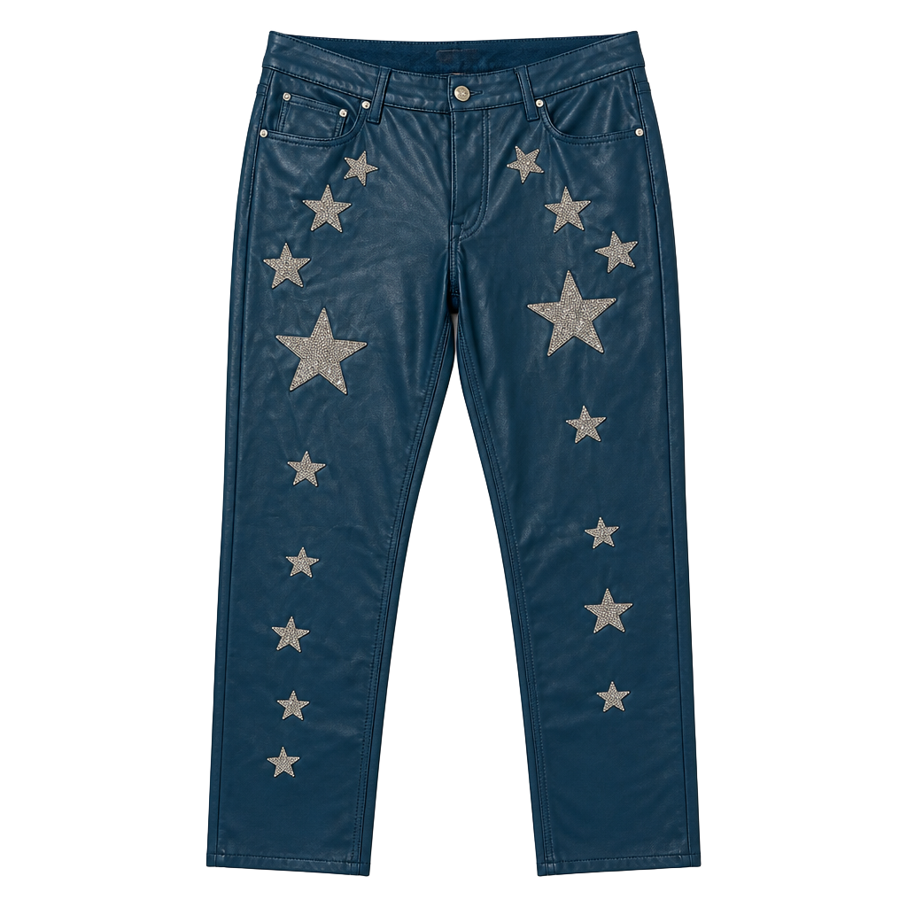 ASOS Design Faux Leather Pants Size 32x30 Blue Rhinestone Stars 1