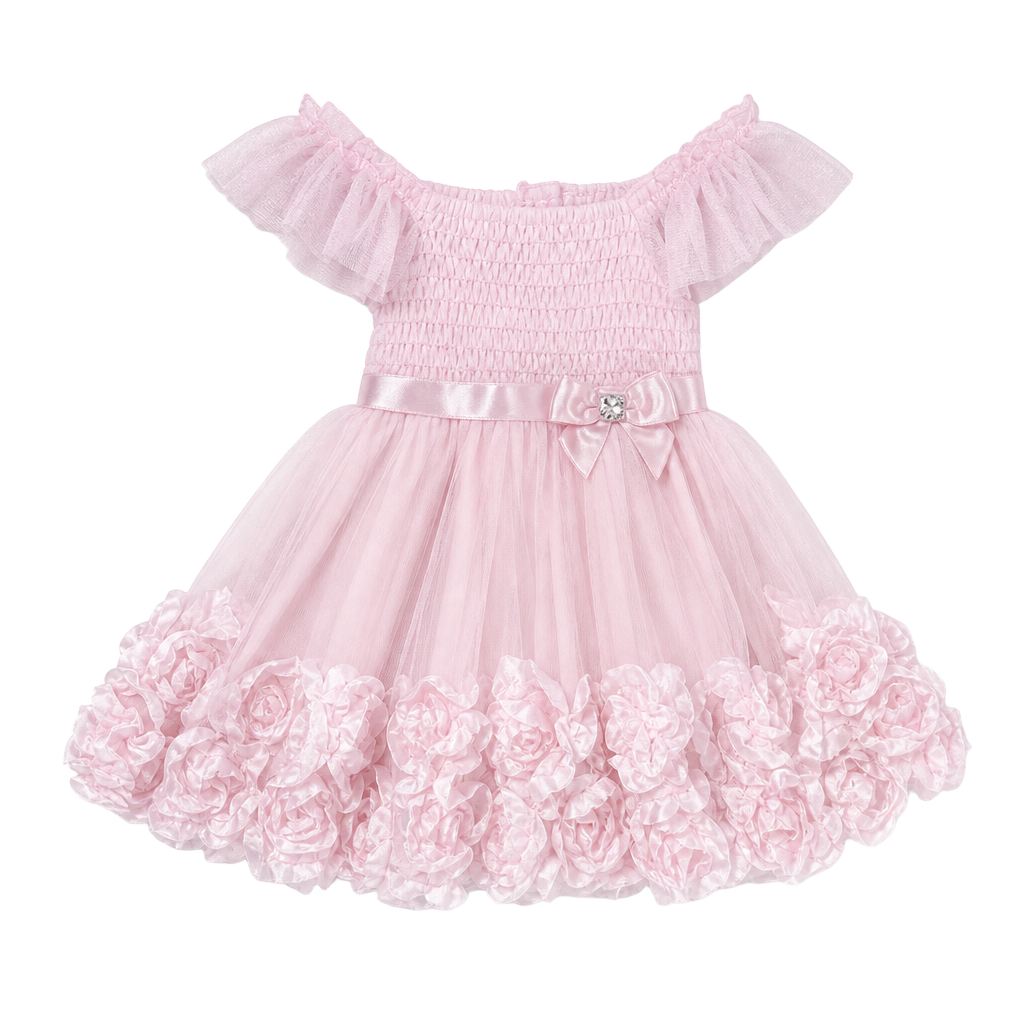 Nannette Baby Pink Flutter Sleeve Dress with Rosette Skirt 1