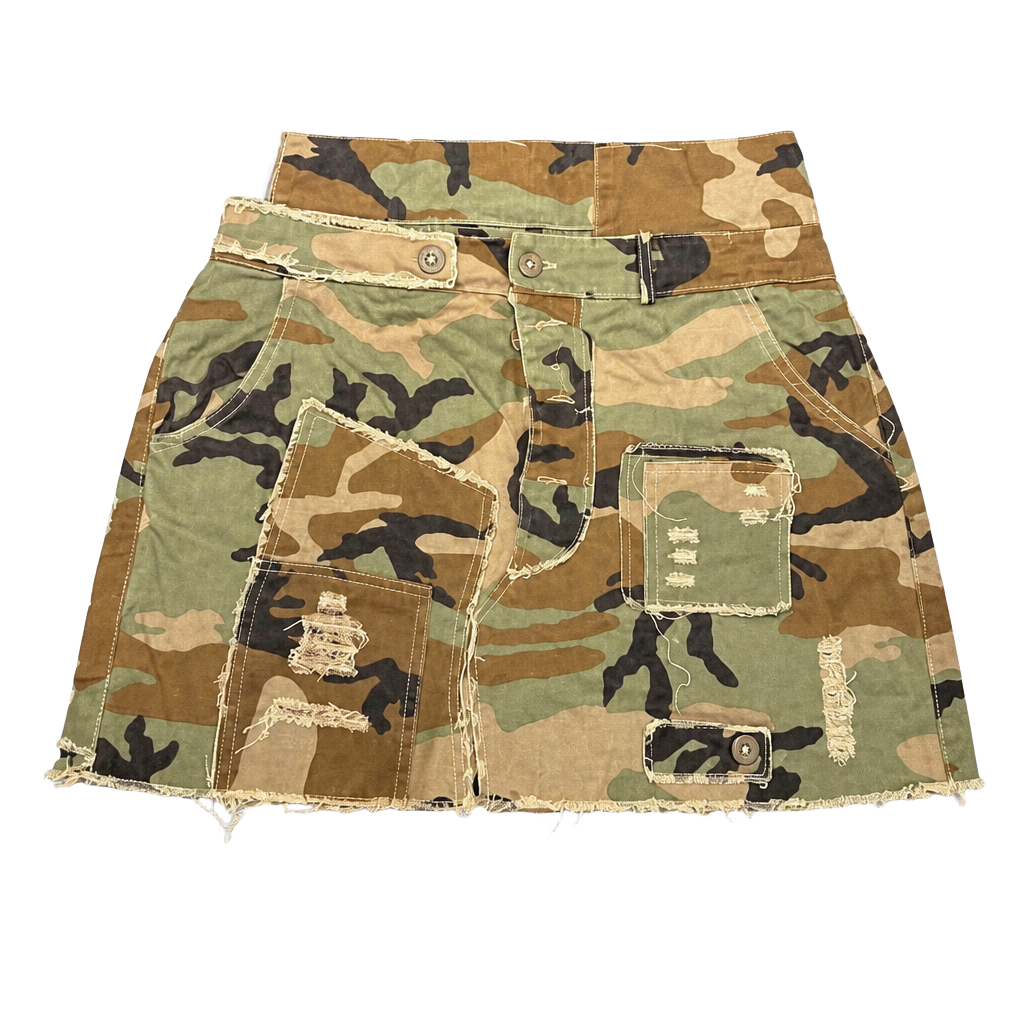 MICAS Camouflage Distressed Fringe Mini Skirt Size L 1