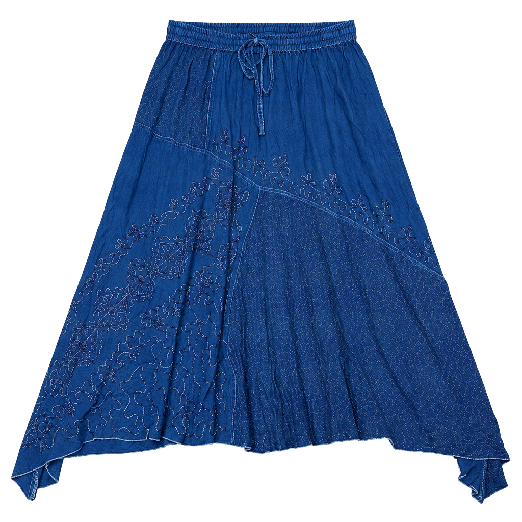Blue embroidered cotton maxi skirt with elastic waist and drawstring 1