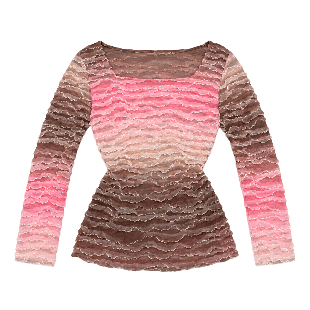 Y2K vintage Karen Kane Top Size S Pink Brown Sheer Ruffle Long Sleeve 1