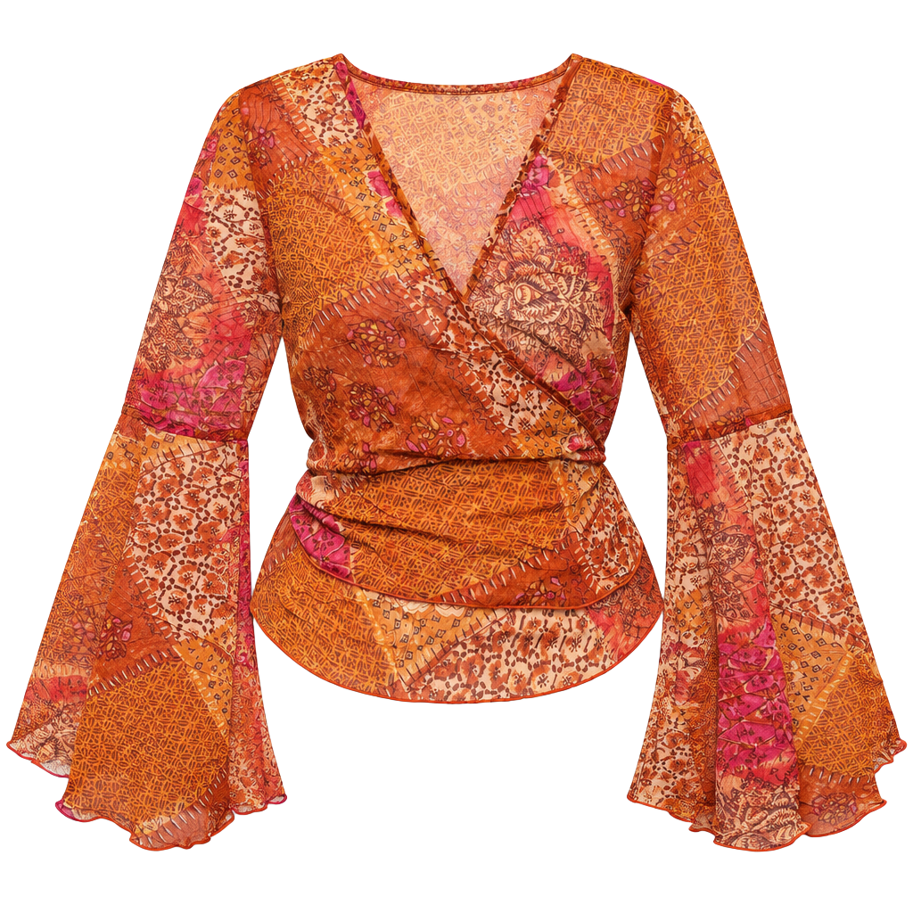 Vintage Y2K Burnt Orange Mesh Bell Sleeve Blouse - , 1