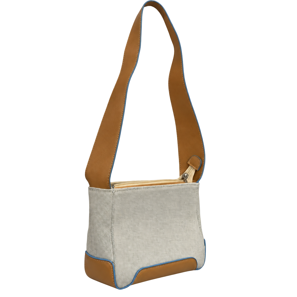 Vintage Canvas Leather Shoulder Bag Tan Blue Trim 1