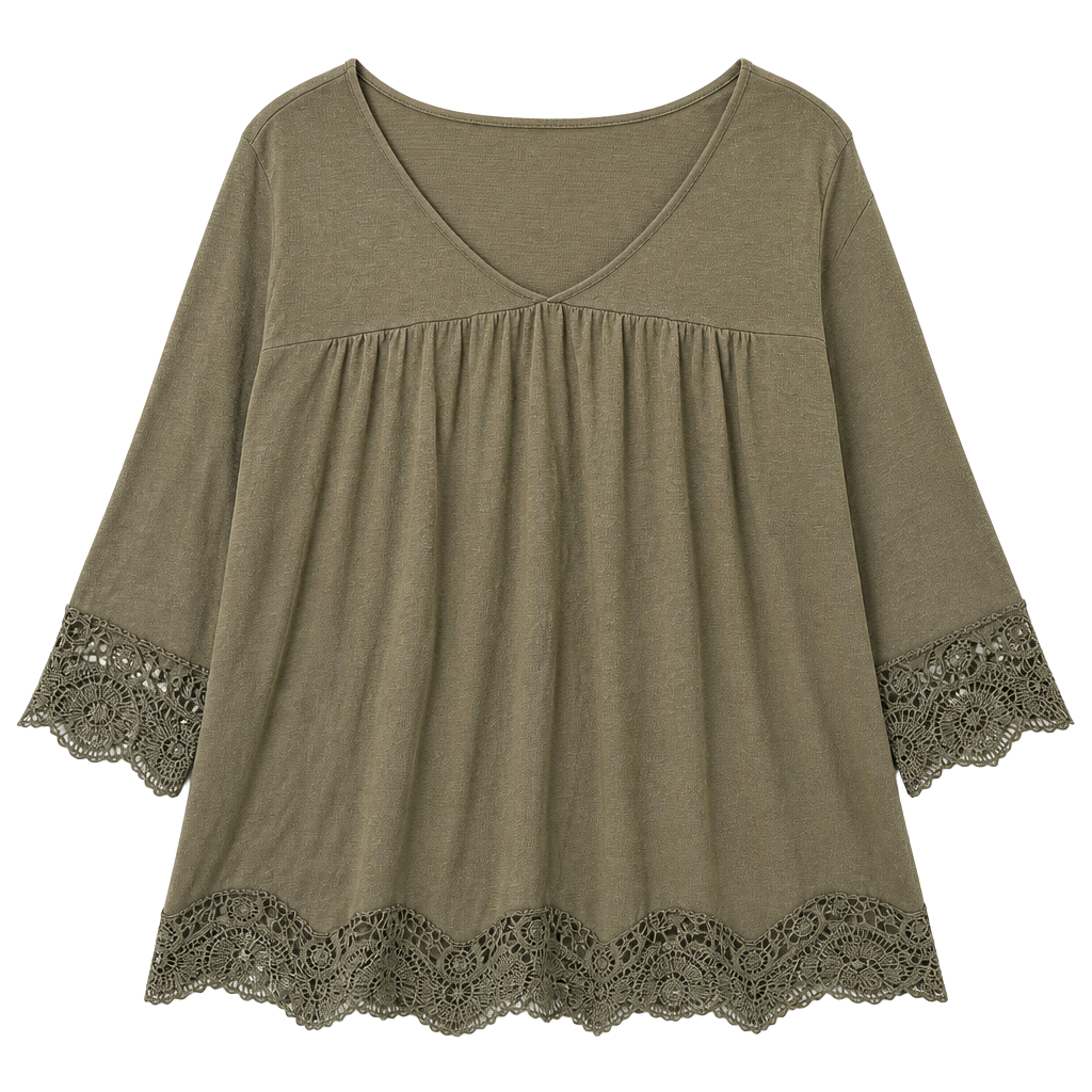 Indigo Rose Olive Green V-Neck 3/4 Sleeve Top with Lace Trim Size 1X 1